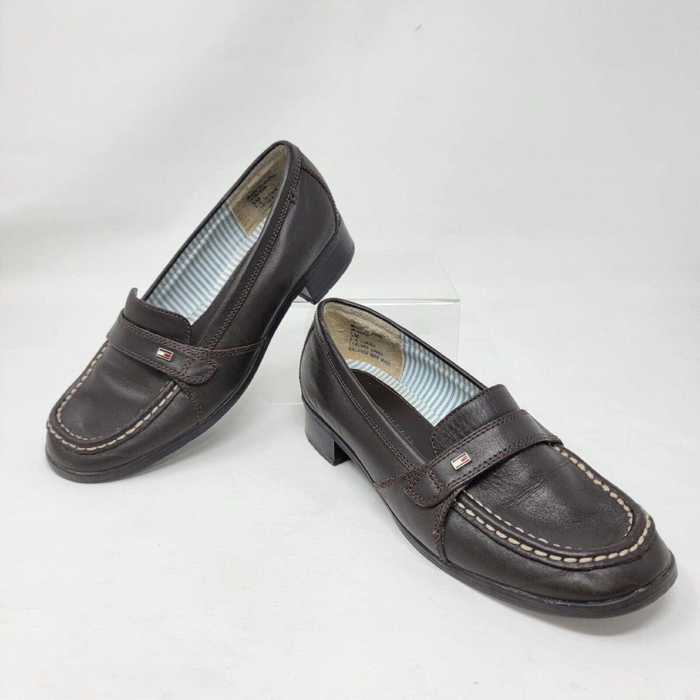 Tommy Hilfiger Women's 5M US Leather Loafers Black Shoes Slip On
